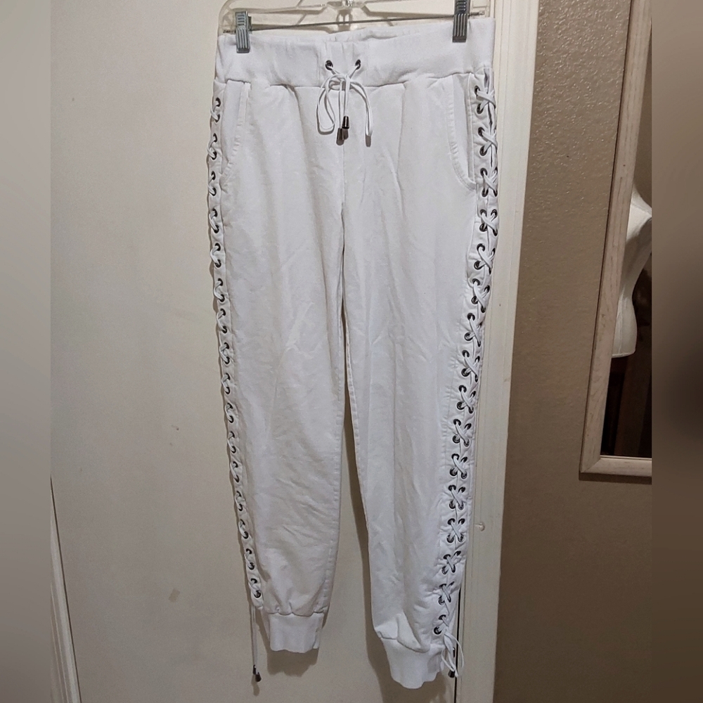 🌺 Near New Blanc Noir White Lace-Up Sweat Pants/Joggers